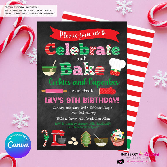 Celebrate & Bake - Chalkboard - Christmas Baking Party Invitation - Edit in Canva