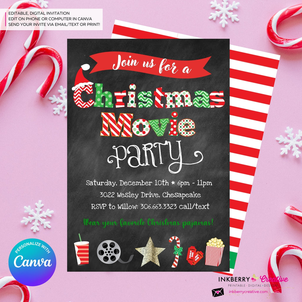 Christmas Movie Party Invitation - Chalkboard - Editable in Canva