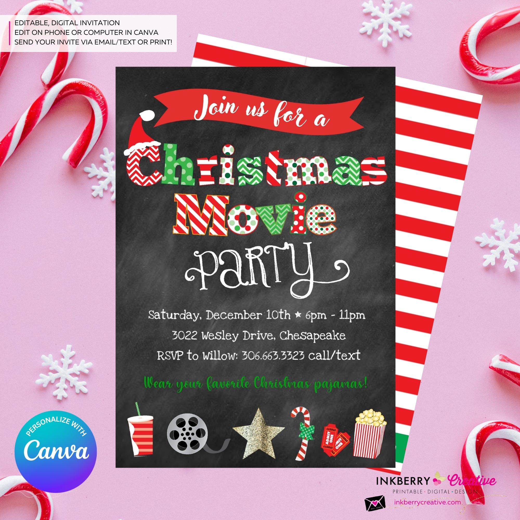 Christmas Movie Party Invitation - Chalkboard - Editable in Canva