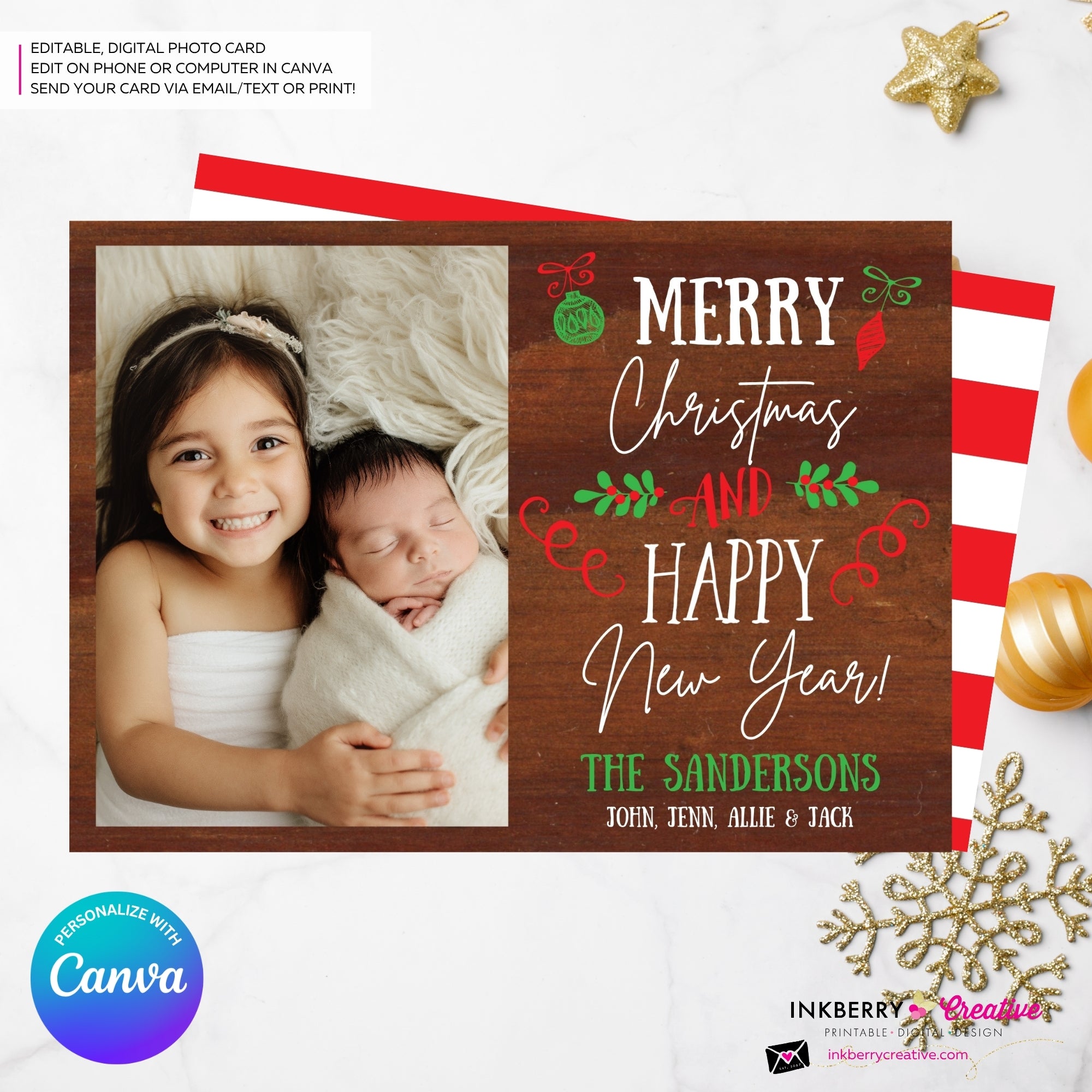 Woodgrain Ornament Doodles Christmas Photo Card, Family Holiday Photo Card, Custom Colors, Email Christmas Card, Editable in Canva