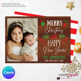 Woodgrain Ornament Doodles Christmas Photo Card, Family Holiday Photo Card, Custom Colors, Email Christmas Card, Editable in Canva