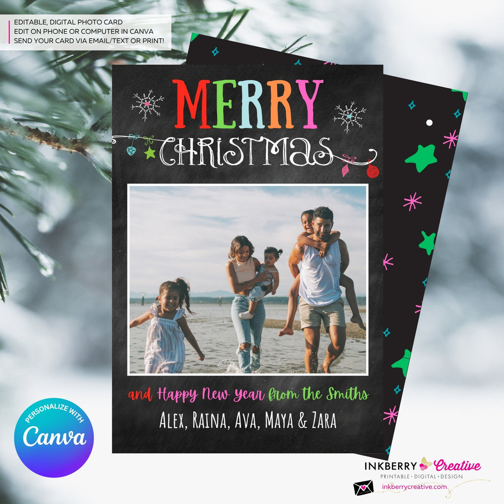 Chalkboard Ornaments Merry Christmas Photo Card, Family Holiday Photo Card, Email Christmas Card, Editable in Canva