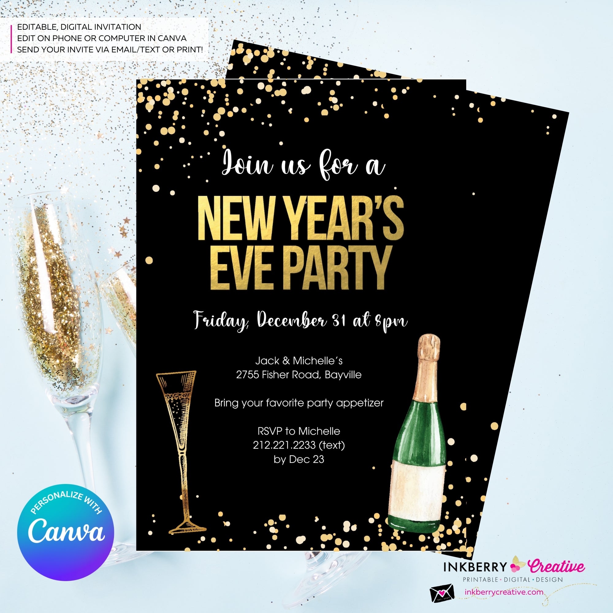New Year's Eve Black Gold Confetti Champagne Party Invitation - Editable in Canva