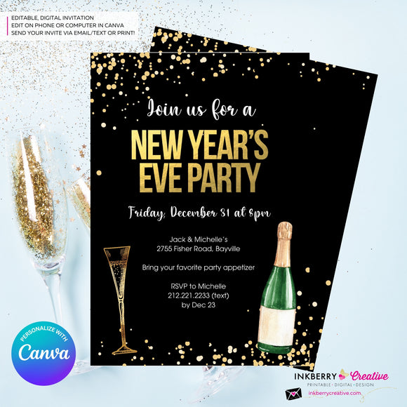 New Year's Eve Black Gold Confetti Champagne Party Invitation - Editable in Canva