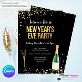 New Year's Eve Black Gold Confetti Champagne Party Invitation - Editable in Canva