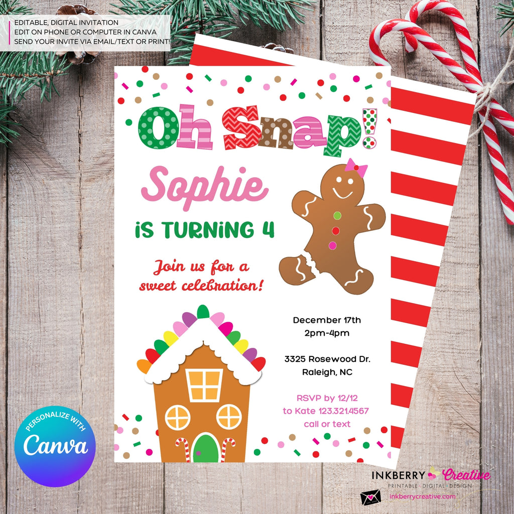 Gingerbread Birthday Party Invitation, Oh Snap Girls Gingerbread House Christmas Birthday Party - Printable, Instant Download, Edit in Canva