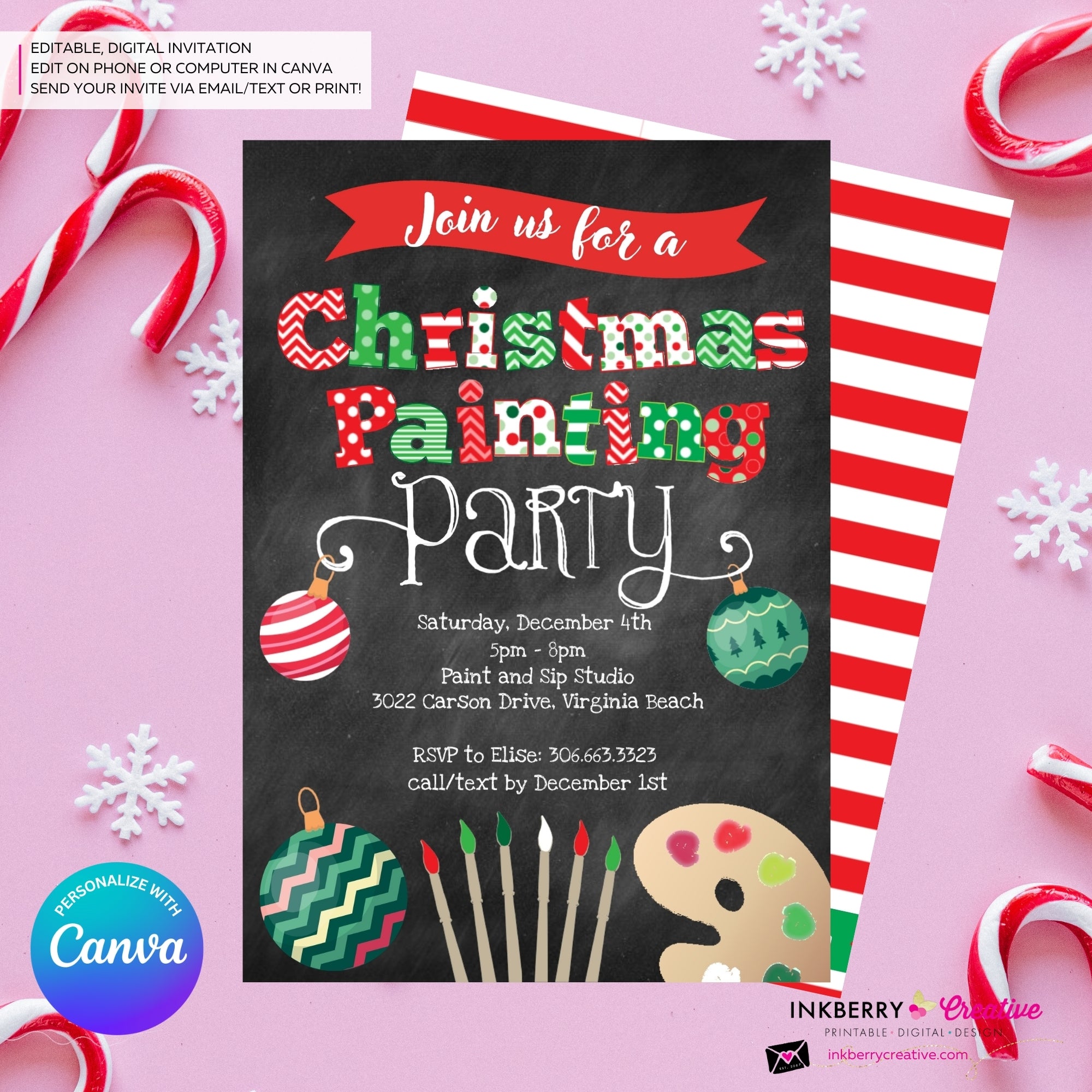 Christmas Painting Party Invitation - Chalkboard - Editable in Canva – Inkberry Creative, Inc. christmas-painting-party-invitation-chalkboard-editable-in-canva-inkberry-creative-inc