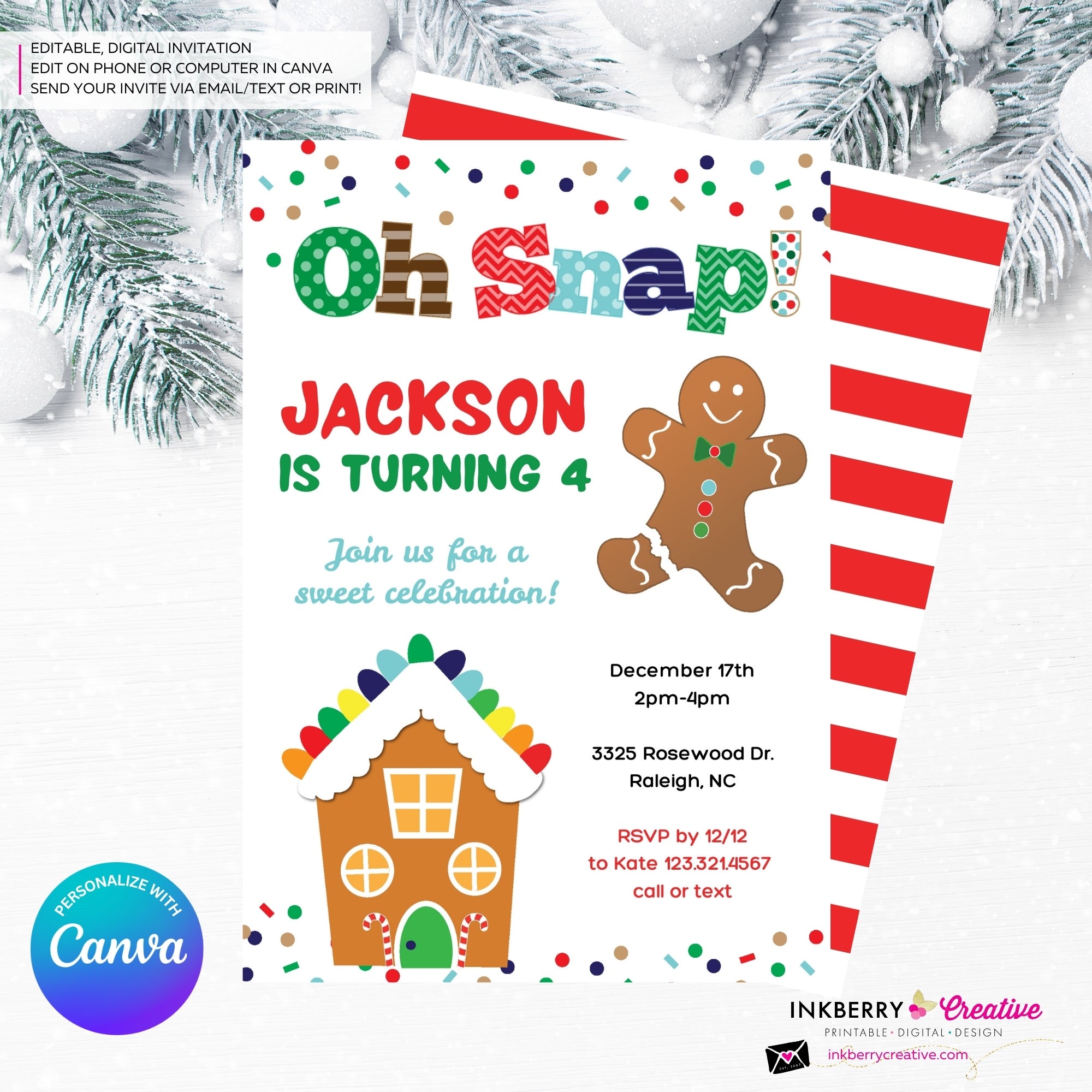 Gingerbread Birthday Party Invitation, Oh Snap Boys Gingerbread House Christmas Birthday Party - Printable, Instant Download, Edit in Canva