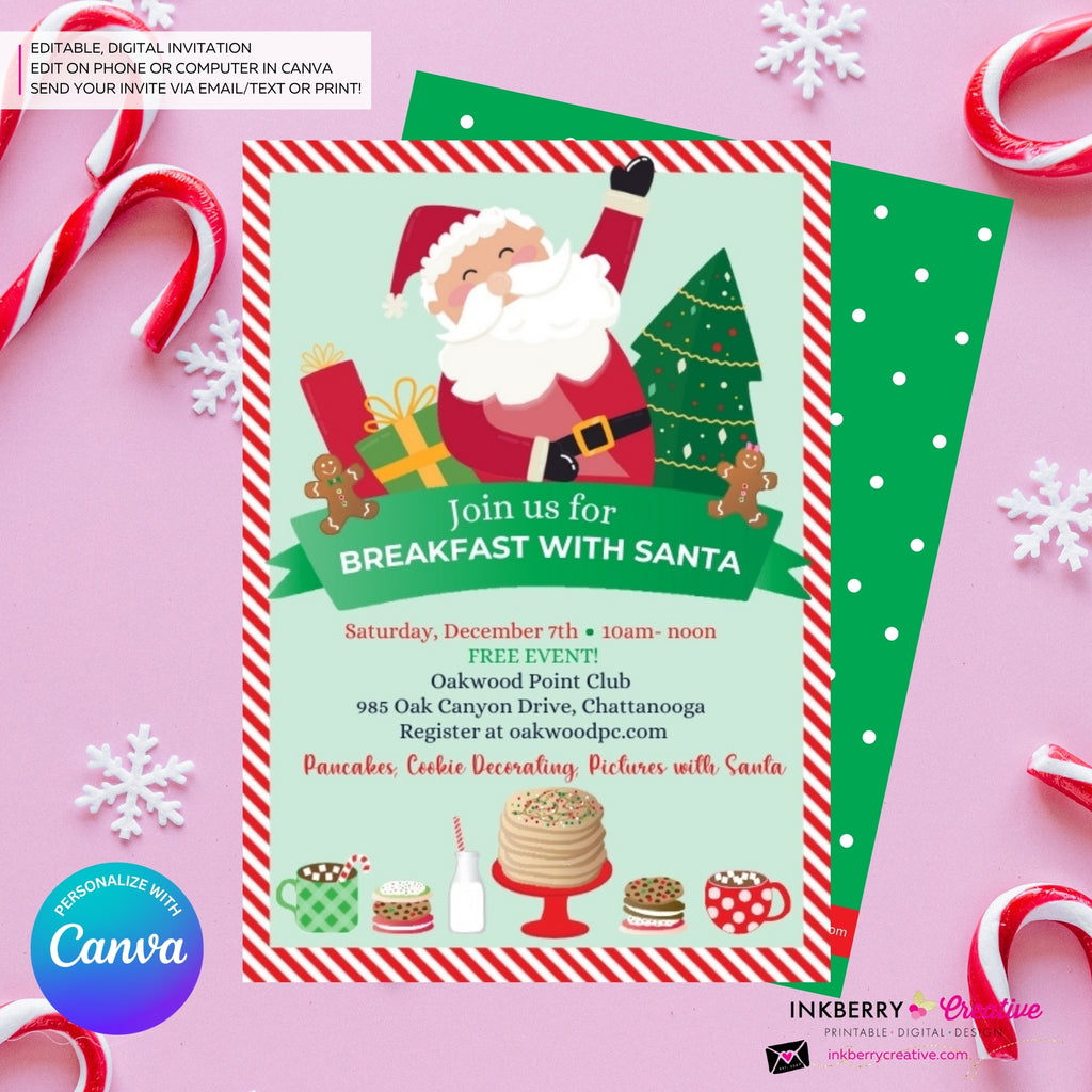 Breakfast with Santa - Pancakes, Cocoa and Cookies - Editable in Canva