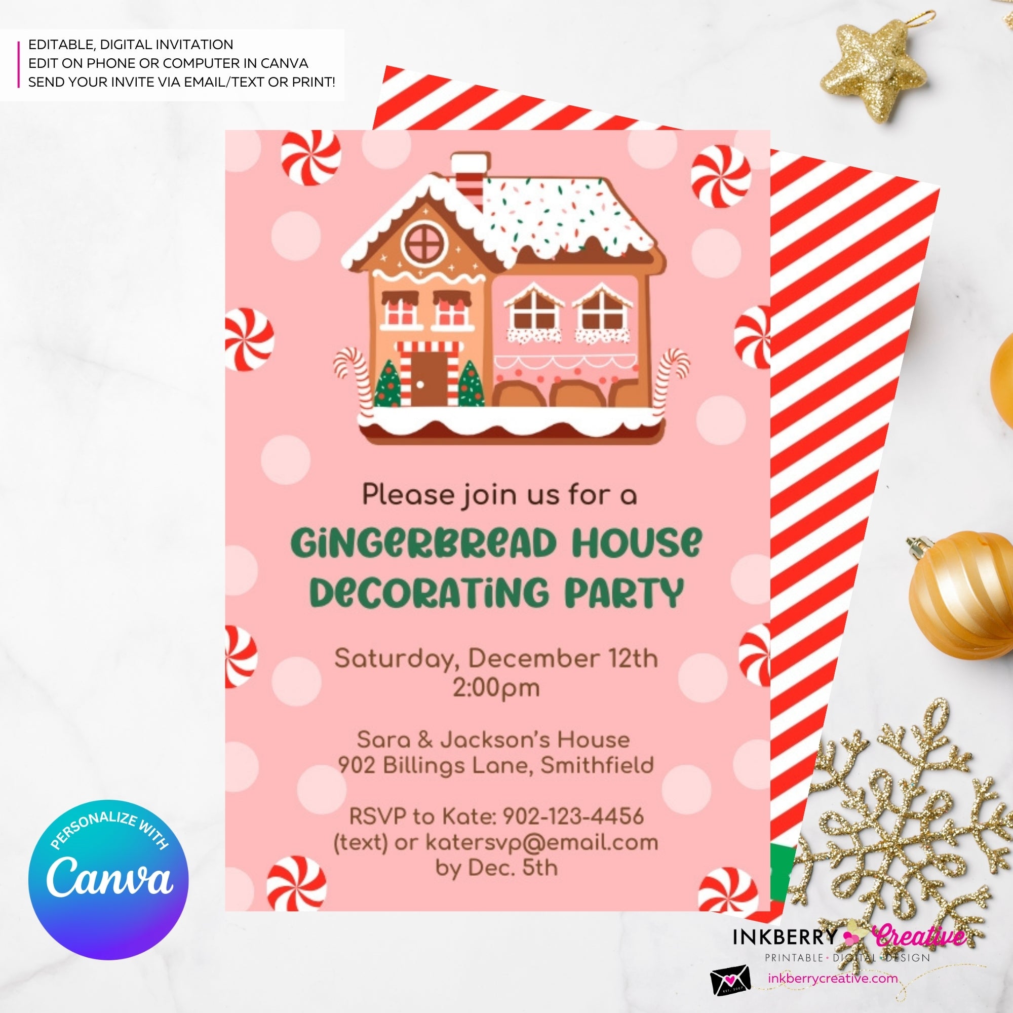 Gingerbread House Decorating Peppermints & Sprinkles Party Invitation - Editable in Canva