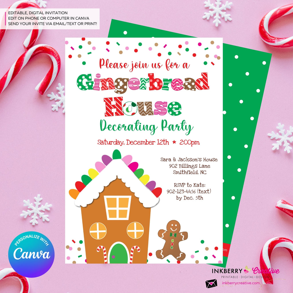 Gingerbread House Gum Drops & Sprinkles Decorating Christmas Party Invitation - Editable in Canva