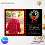 Family Monogram Buffalo Check Christmas Wreath Photo Card, Family Holiday Photo Card, Custom Colors, Email Christmas Card, Editable in Canva