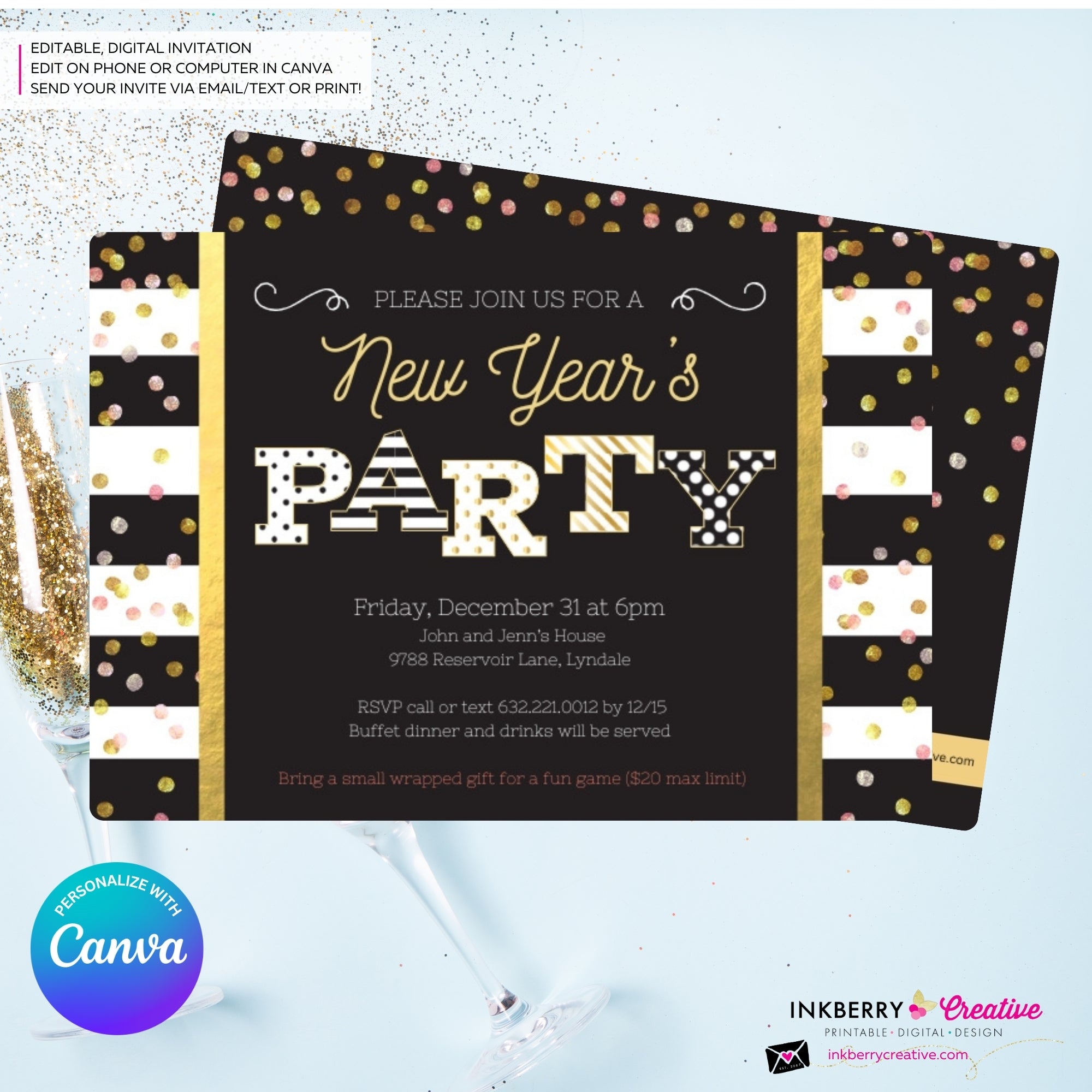 New Year's Eve Party Invitation, Black White Stripe, Black Gold Confetti Patterns, Printable Invite, Instant Download, Edit in Canva