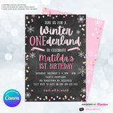 Whimsical Winter Wonderland 1st Birthday Invite - Snowflake Chalkboard Theme - ONEderland - Pink Gold, Personalize and Edit in Canva