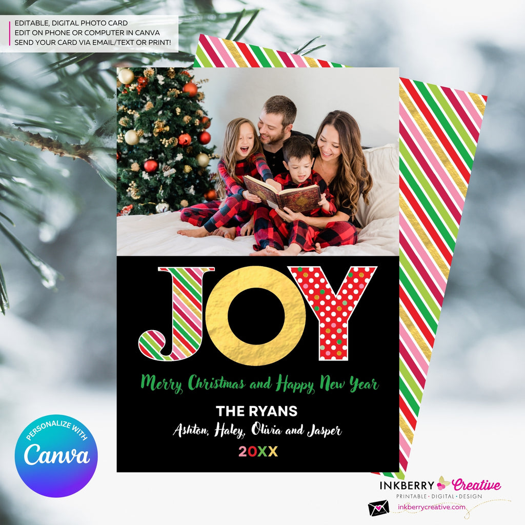 Big Joy Gold and Patterns Christmas Photo Card, Family Holiday Photo Card, Custom Colors, Email Christmas Card, Editable in Canva