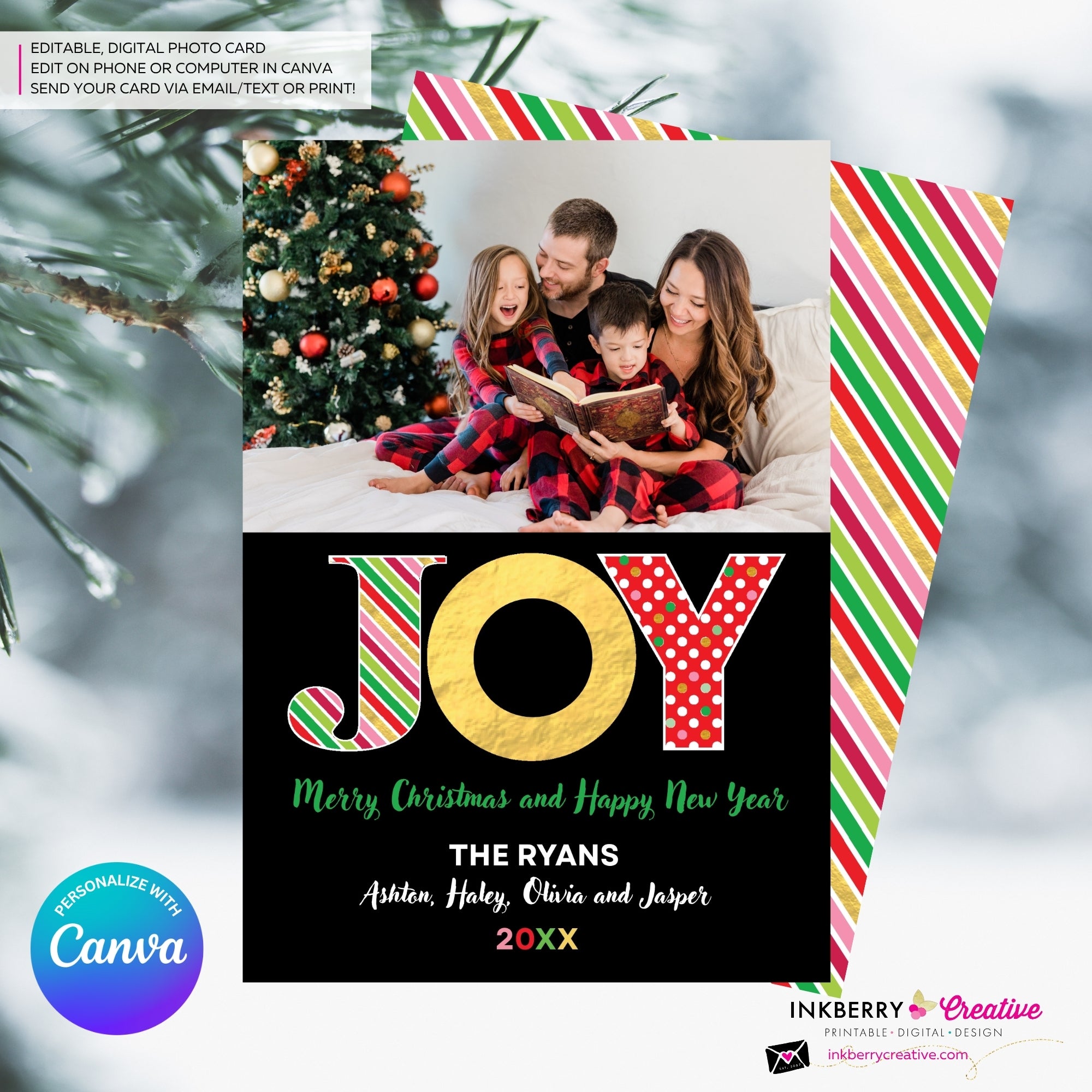 Big Joy Gold and Patterns Christmas Photo Card, Family Holiday Photo Card, Custom Colors, Email Christmas Card, Editable in Canva