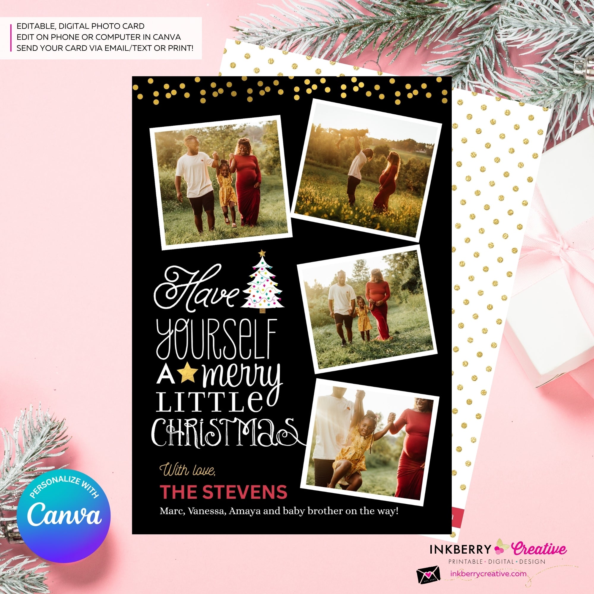 Merry Little Christmas Snapshots 4 Photo Christmas Card, Family Holiday Photo Card, Multi-photo, Email Christmas Card, Editable in Canva