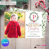 Family Monogram Colorful Christmas Wreath Photo Card, Family Holiday Photo Card, Custom Colors, Email Christmas Card, Editable in Canva