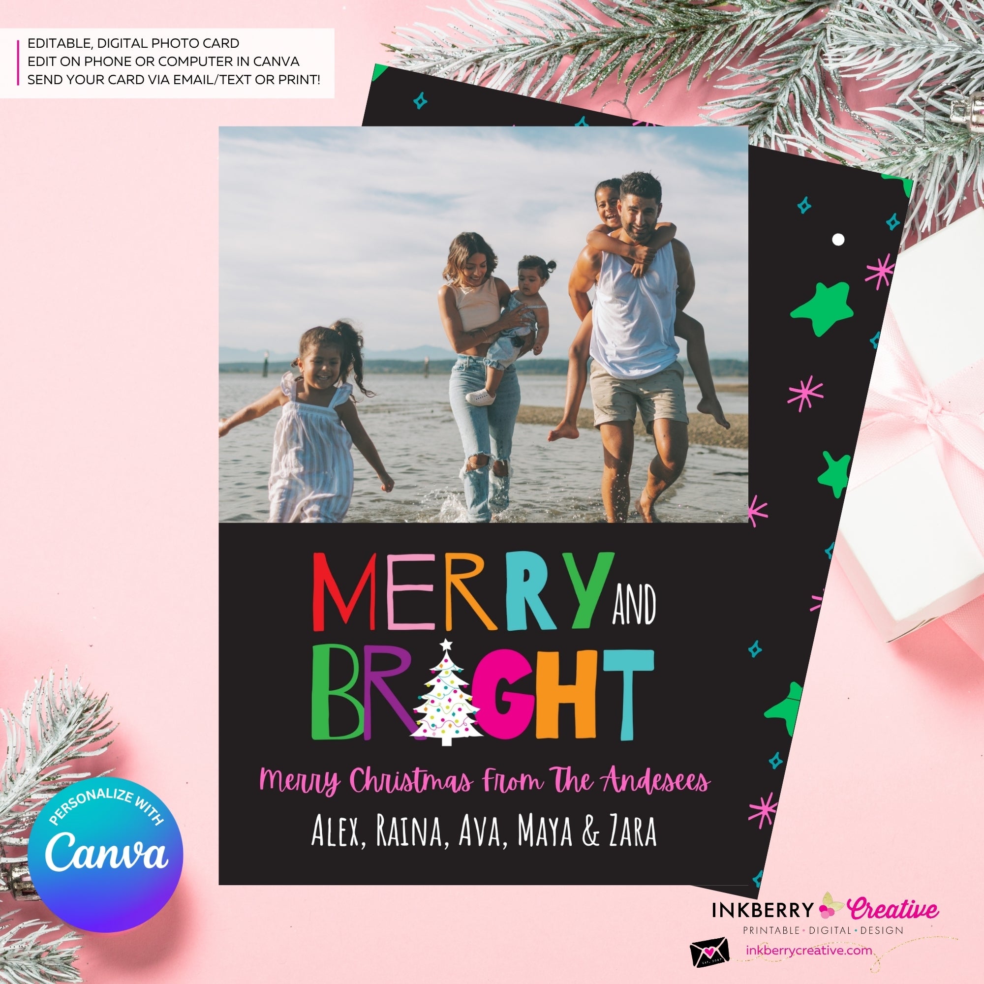 Modern Merry and Bright Photo Christmas Card, Family Holiday Photo Card, Multi-photo, Email Christmas Card, Editable in Canva