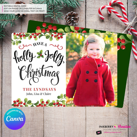 Holly Jolly Script Christmas Photo Card, Family Holiday Photo Card, Custom Colors, Email Christmas Card, Editable in Canva