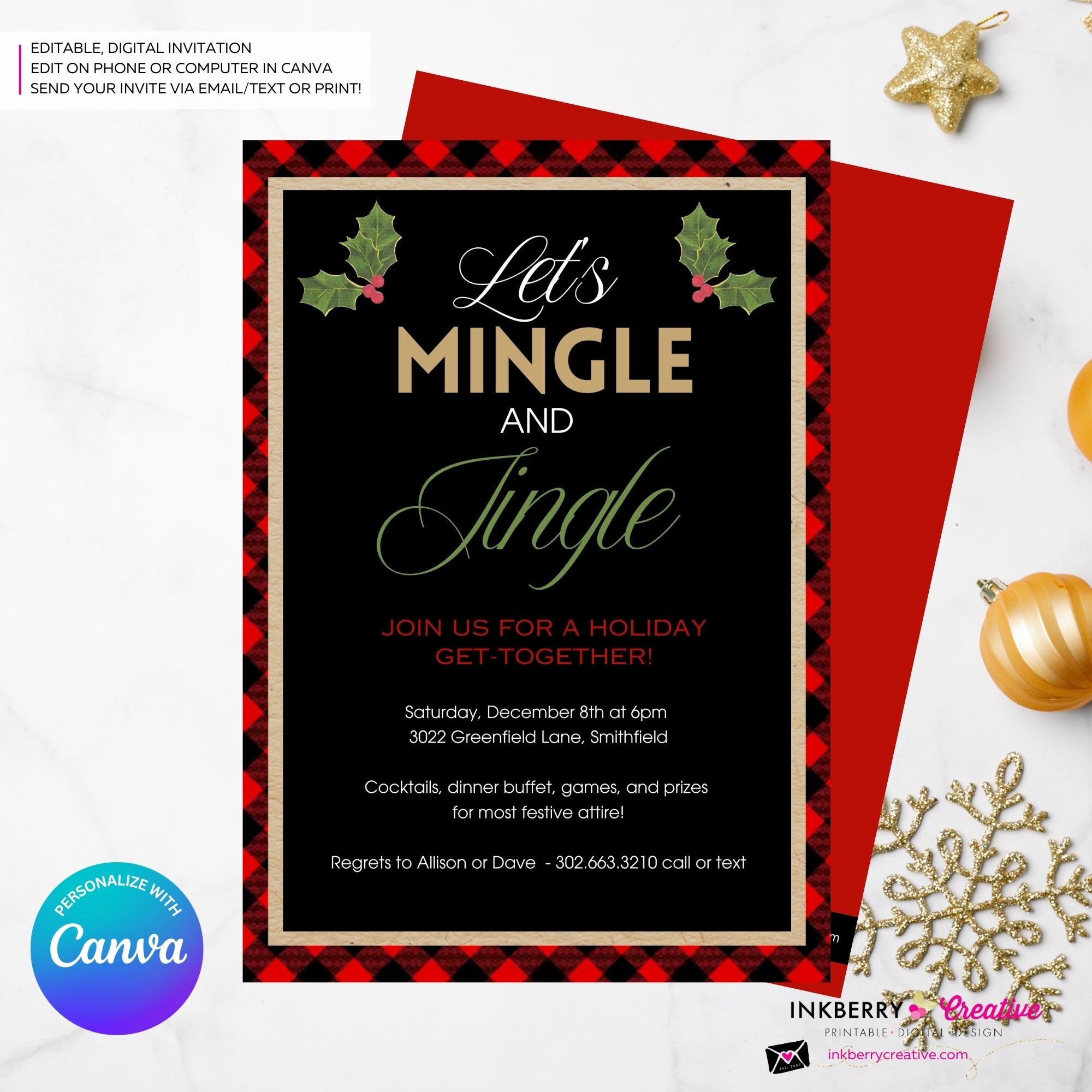 Mingle Jingle Buffalo Plaid Christmas Party Invitation - Editable in Canva