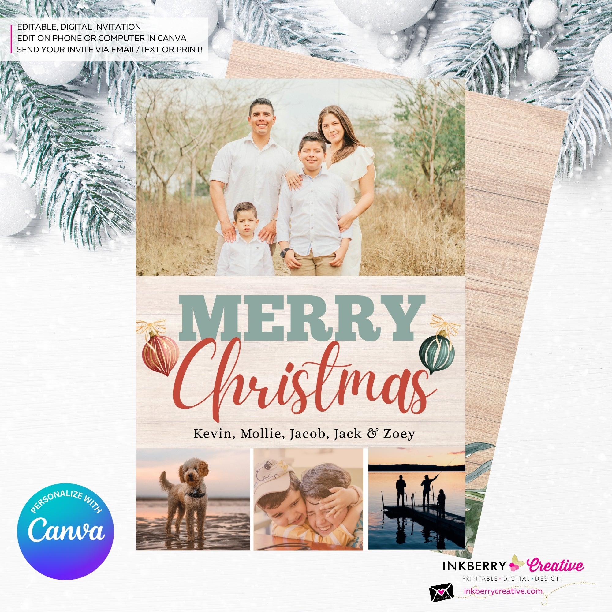 Merry Christmas Vintage Ornaments Woodgrain 4 Photo Holiday Card, Family Photo Card, Custom Colors, Email Christmas Card, Editable in Canva