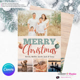 Merry Christmas Vintage Ornaments Woodgrain 4 Photo Holiday Card, Family Photo Card, Custom Colors, Email Christmas Card, Editable in Canva
