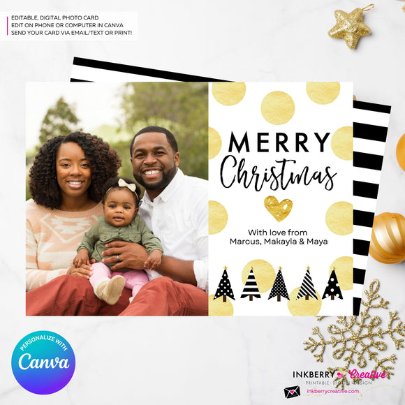 Gold Polka Dot Modern Trees - Black White Gold Patterns - Christmas Photo Card - Edit in Canva