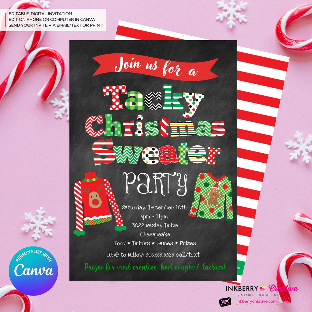 Tacky Christmas Sweater Party Invitation - Editable in Canva