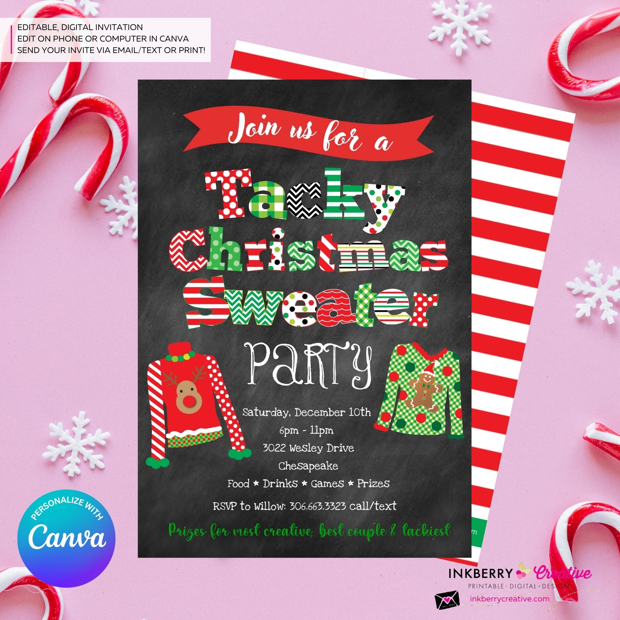 Tacky Christmas Sweater Party Invitation - Editable in Canva