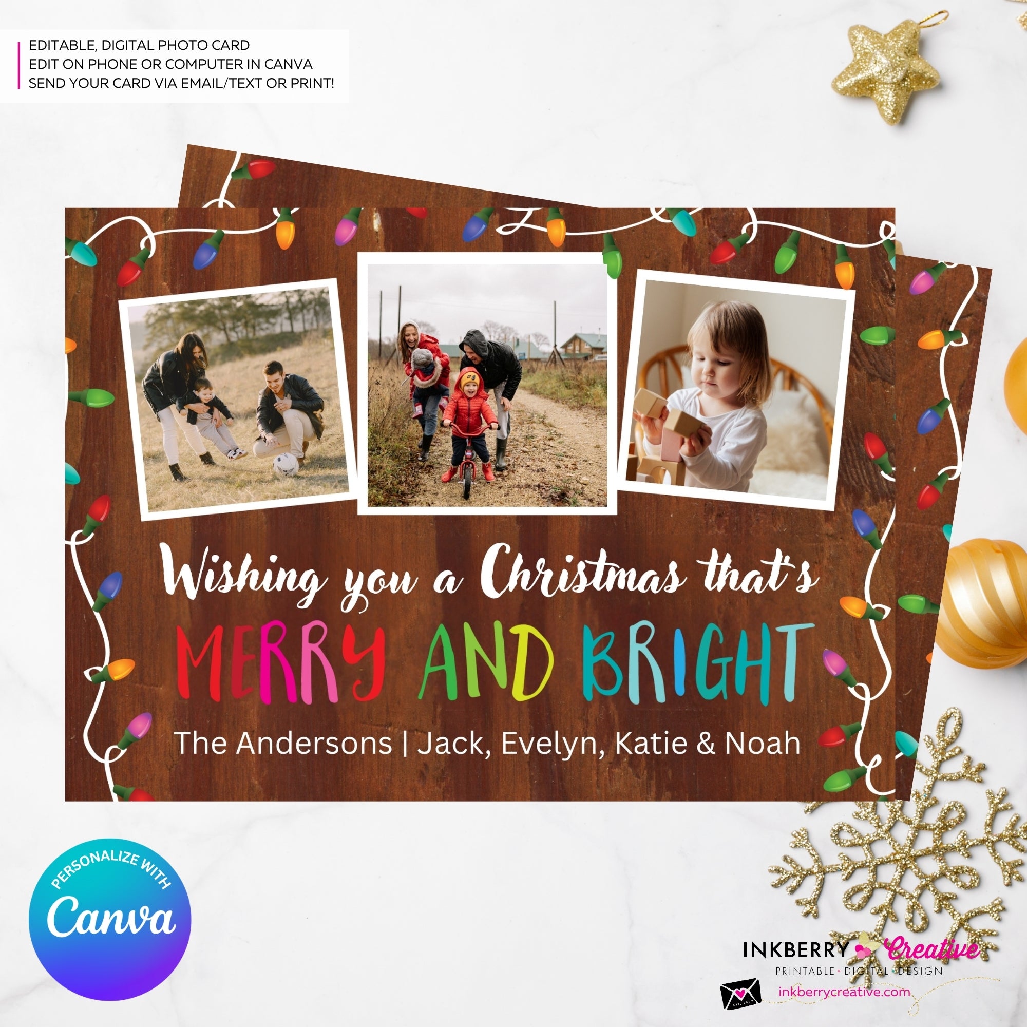 Woodgrain Merry and Bright Christmas Lights 3 Photo Christmas Card - Retro Christmas Bulbs String of Lights - Edit in Canva