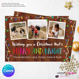Woodgrain Merry and Bright Christmas Lights 3 Photo Christmas Card - Retro Christmas Bulbs String of Lights - Edit in Canva