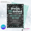Whimsical Winter Wonderland 1st Birthday Invite - Snowflake Chalkboard Theme - ONEderland - Aqua Blue Silver, Personalize and Edit in Canva