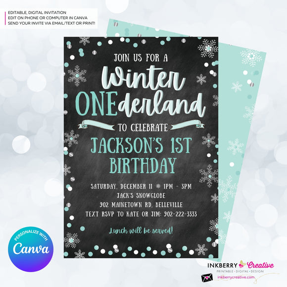 Whimsical Winter Wonderland 1st Birthday Invite - Snowflake Chalkboard Theme - ONEderland - Aqua Blue Silver, Personalize and Edit in Canva