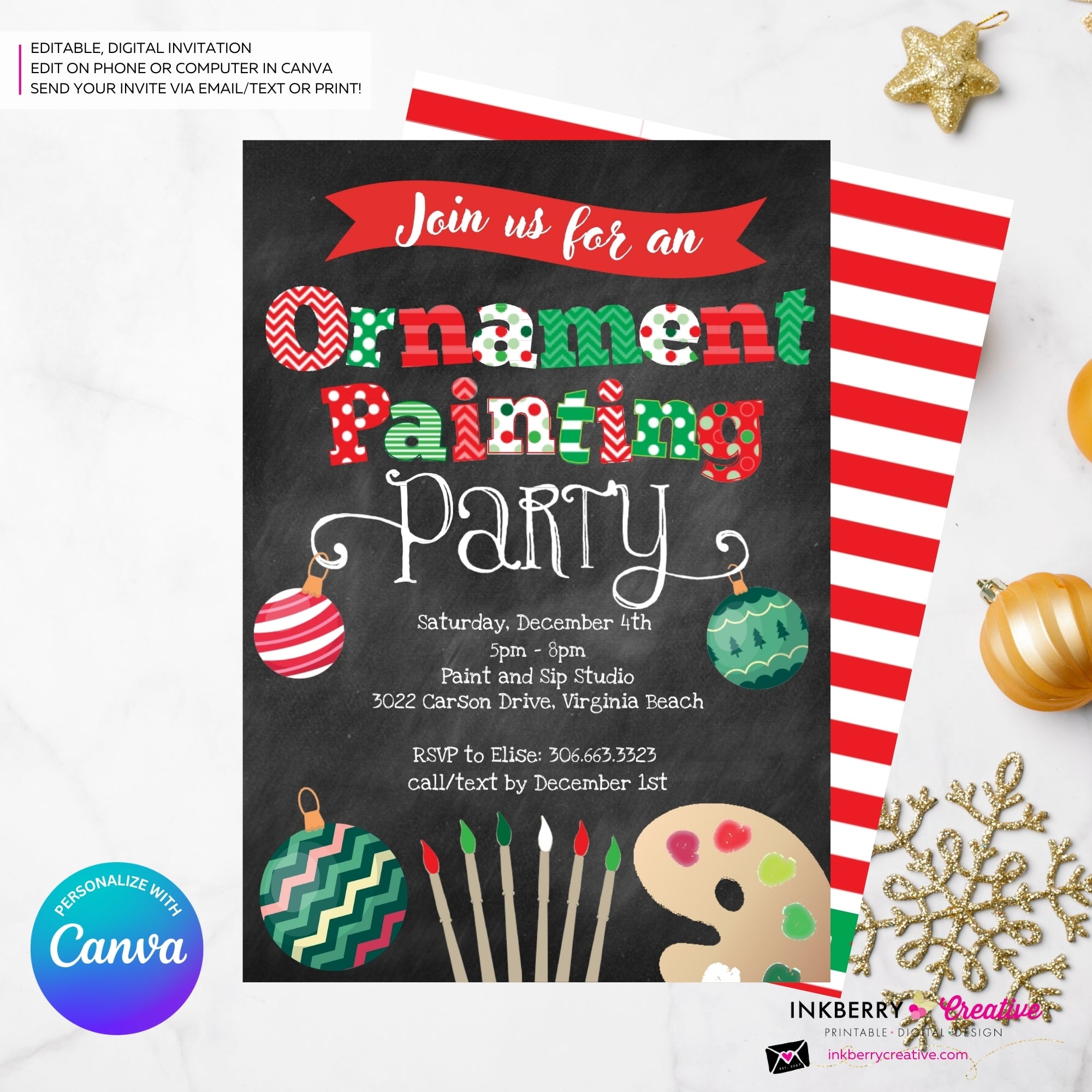 Christmas Ornament Painting Party Invitation - Chalkboard - Editable in Canva