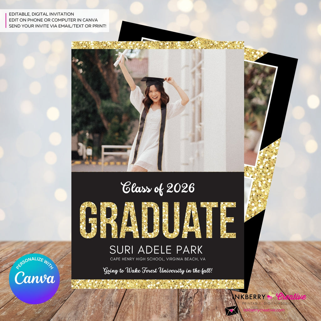 Gold Glitter Grad - 3 Photo Graduation Invitation or Announcement, Edit in Canva