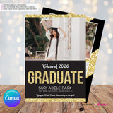 Gold Glitter Grad - 3 Photo Graduation Invitation or Announcement, Edit in Canva