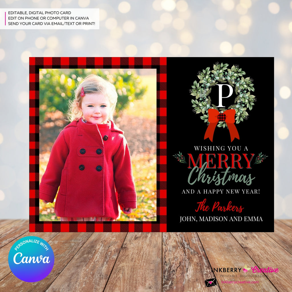 Family Monogram Buffalo Check Christmas Wreath Photo Card, Family Holiday Photo Card, Custom Colors, Email Christmas Card, Editable in Canva