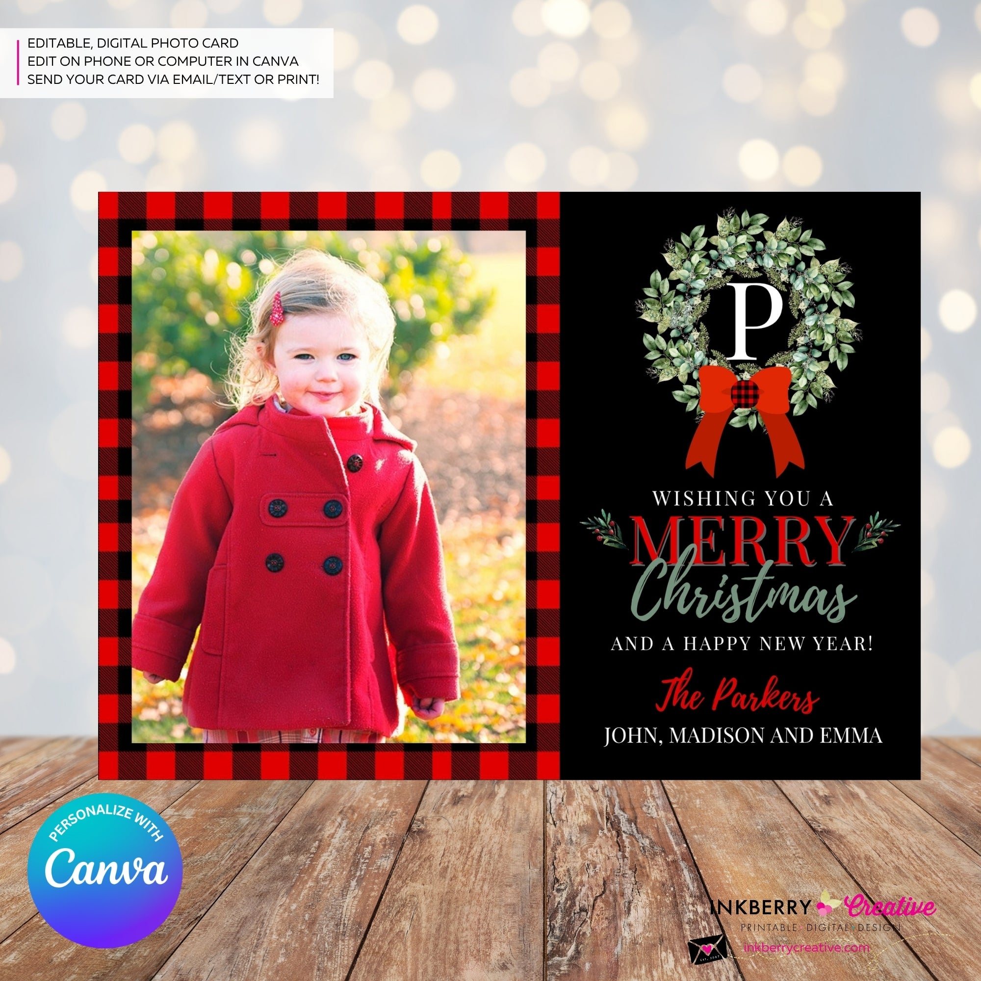 Family Monogram Buffalo Check Christmas Wreath Photo Card, Family Holiday Photo Card, Custom Colors, Email Christmas Card, Editable in Canva