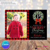 Family Monogram Buffalo Check Christmas Wreath Photo Card, Family Holiday Photo Card, Custom Colors, Email Christmas Card, Editable in Canva
