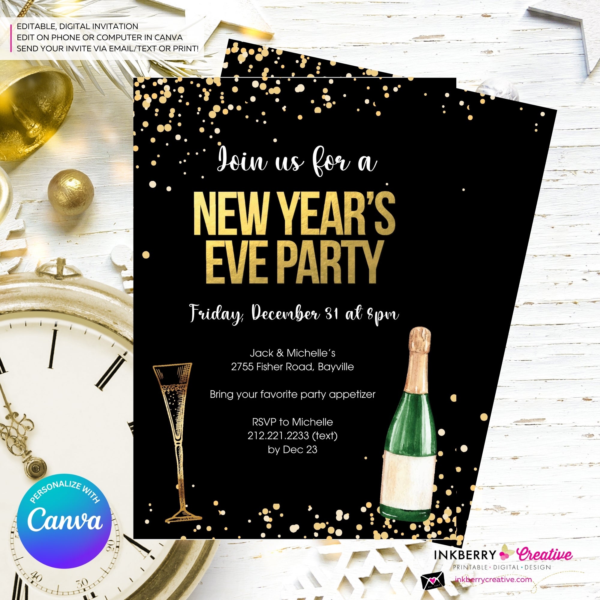 New Year's Eve Black Gold Confetti Champagne Party Invitation - Editable in Canva