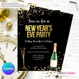 New Year's Eve Black Gold Confetti Champagne Party Invitation - Editable in Canva