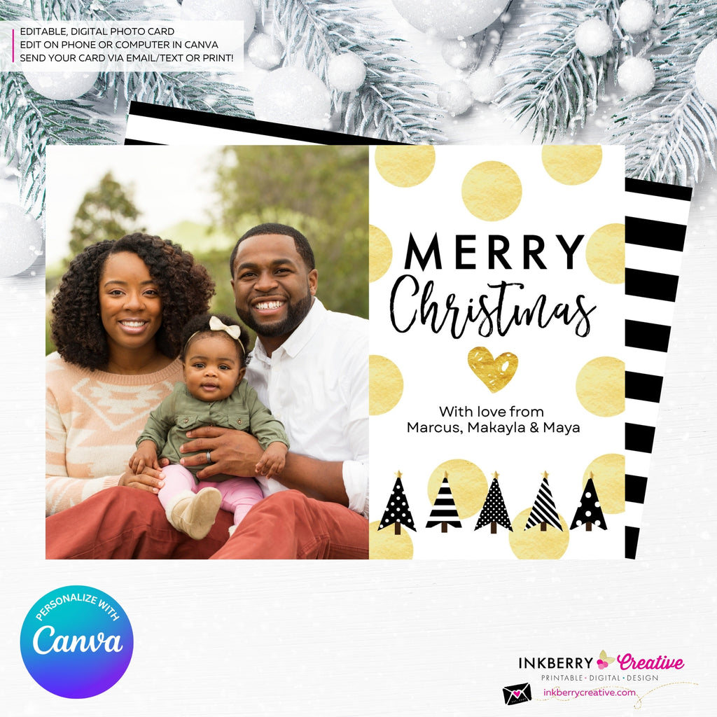 Gold Polka Dot Modern Trees - Black White Gold Patterns - Christmas Photo Card - Edit in Canva