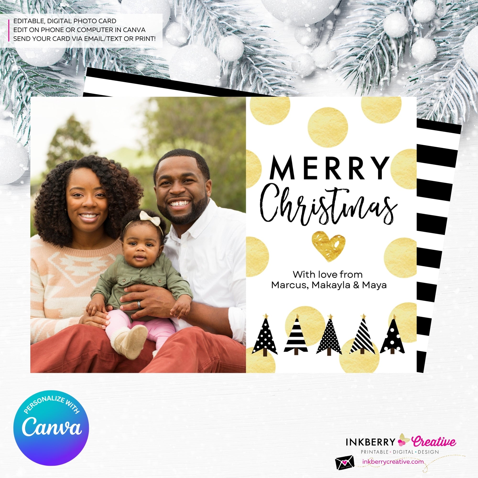 Gold Polka Dot Modern Trees - Black White Gold Patterns - Christmas Photo Card - Edit in Canva