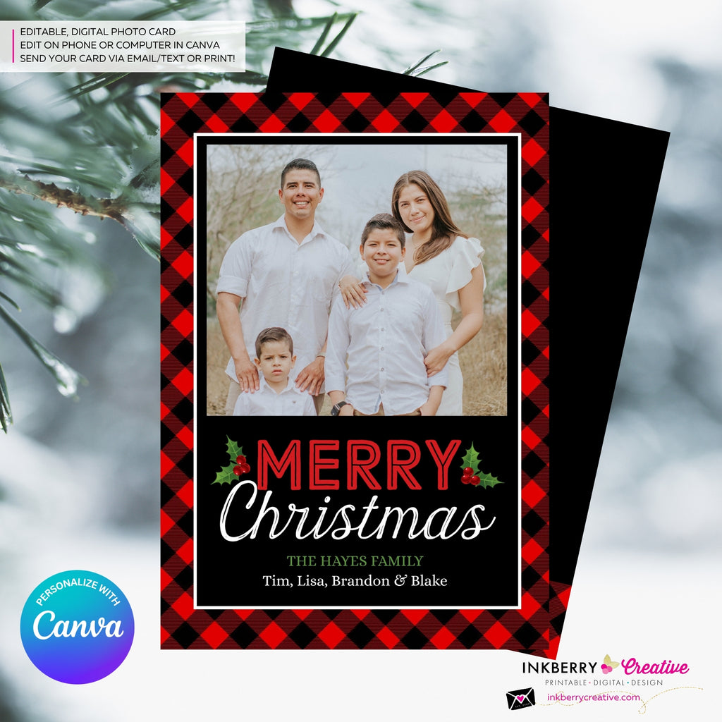 Red and Black Buffalo Check Plaid Christmas Photo Card, Family Holiday Photo Card, Custom Colors, Email Christmas Card, Editable in Canva