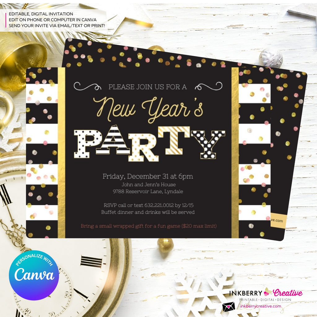 New Year's Eve Party Invitation, Black White Stripe, Black Gold Confetti Patterns, Printable Invite, Instant Download, Edit in Canva