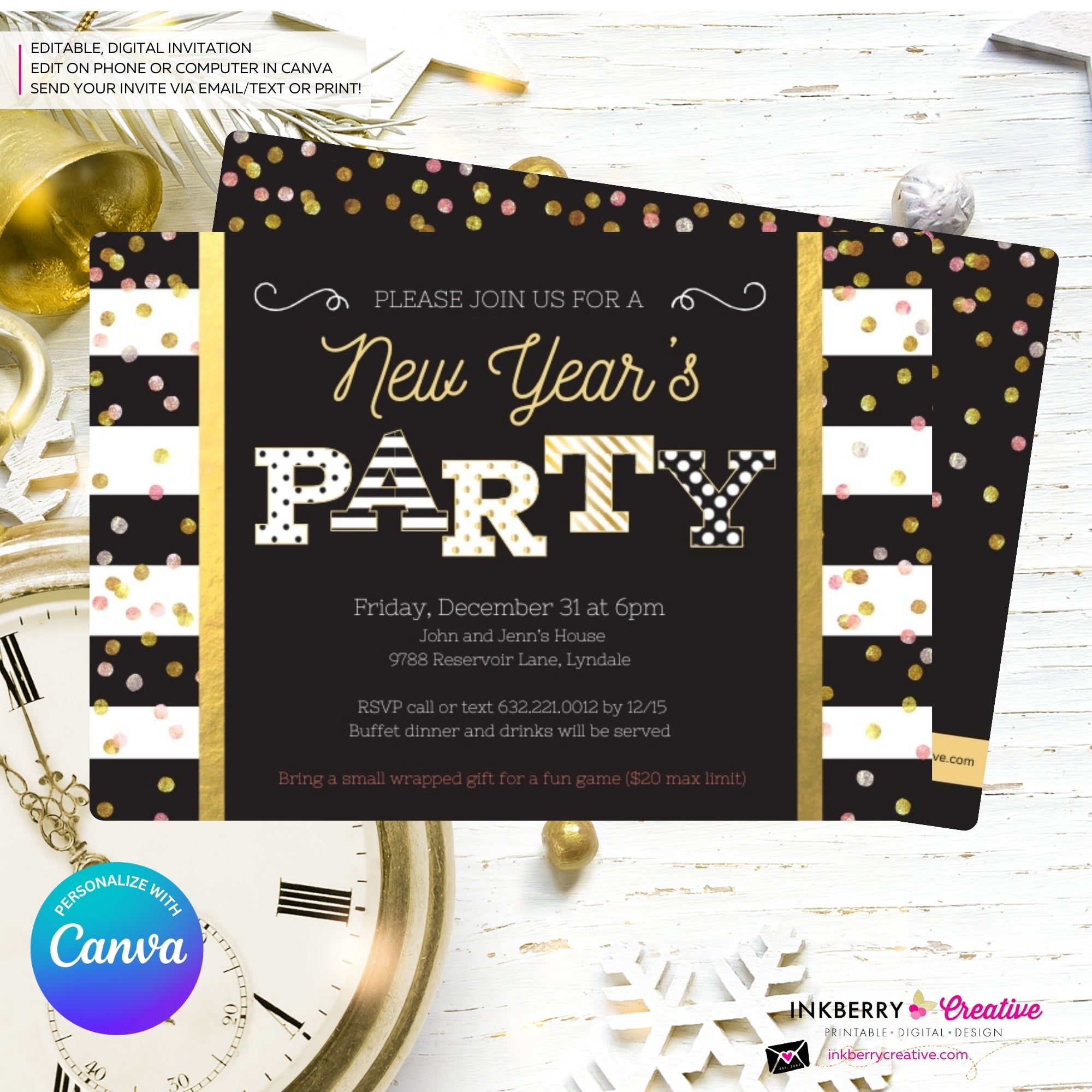 New Year's Eve Party Invitation, Black White Stripe, Black Gold Confetti Patterns, Printable Invite, Instant Download, Edit in Canva