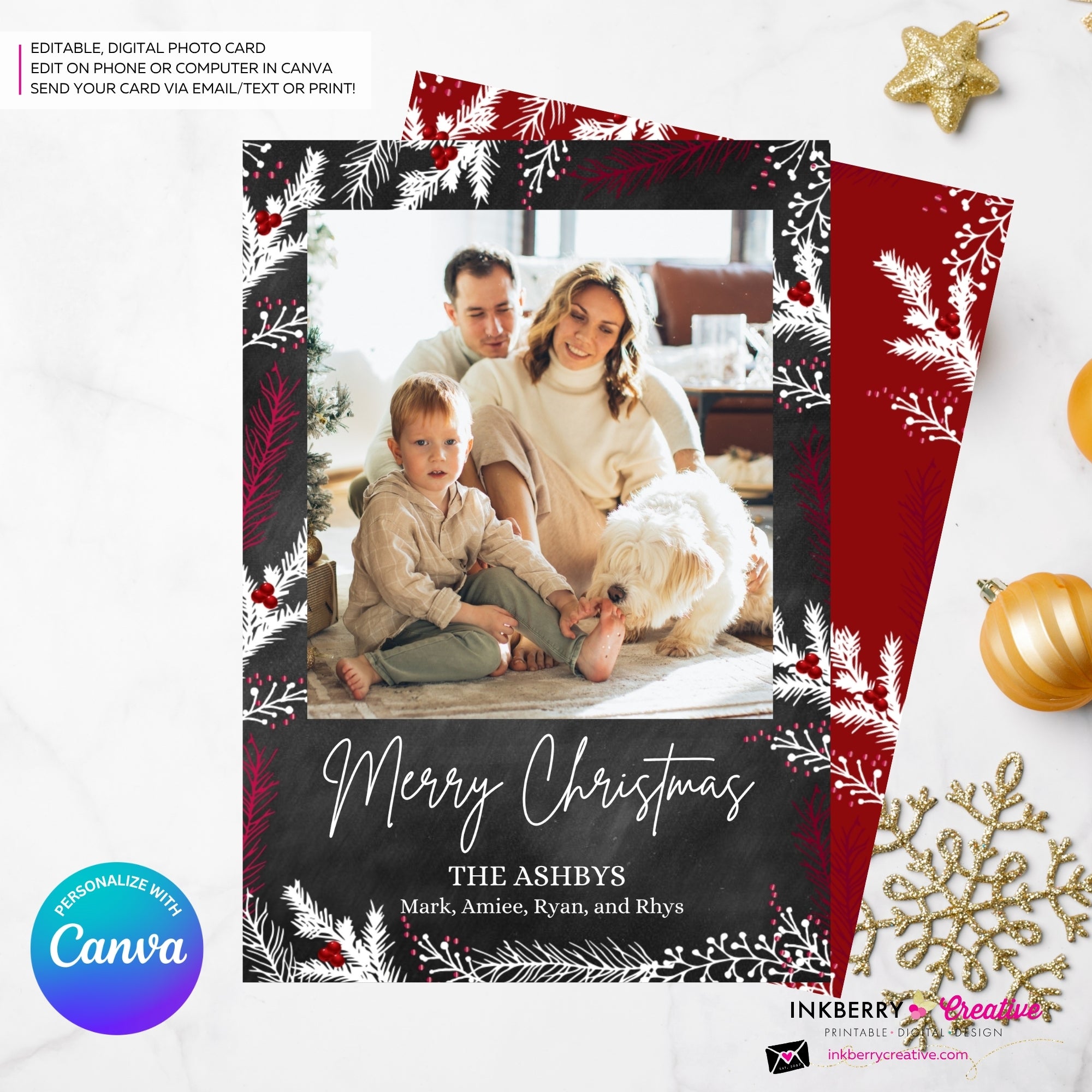 Chalkboard Winter Berry Branches Christmas Photo Card, Family Holiday Photo Card, Custom Colors, Email Christmas Card, Editable in Canva
