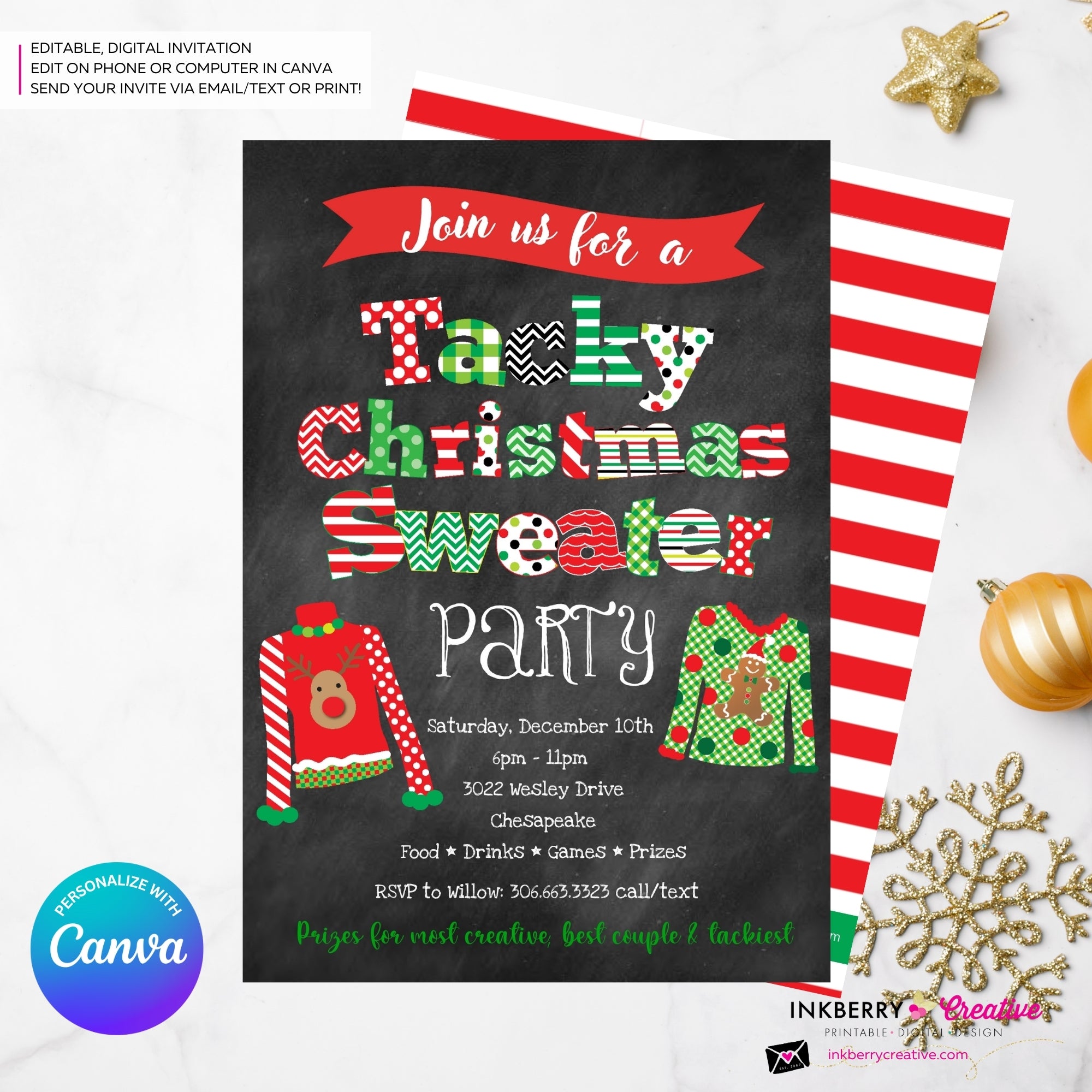 Tacky Christmas Sweater Party Invitation - Editable in Canva