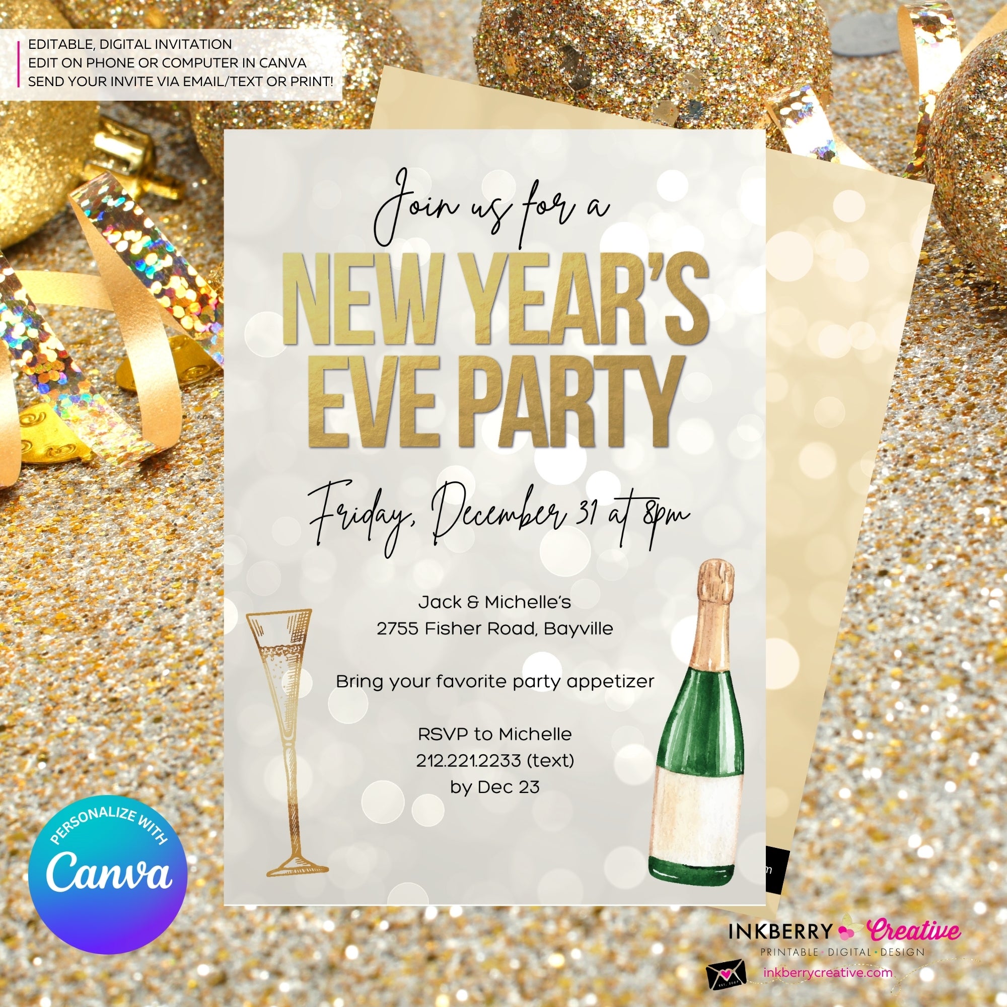 New Year's Eve Gold Champagne Party Invitation - Editable in Canva
